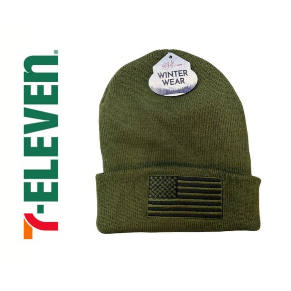 24/7 Life by 7-Eleven Green Beanie Hat USA Flag Embroidery One Size NWT Winter - Picture 1 of 1